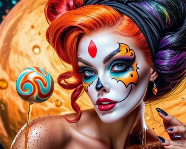 Portrait of a woman with vibrant hair and sugar skull makeup