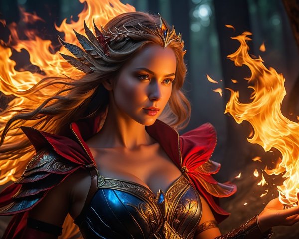 Fantasy Character in Fiery Armor in Enchanted Forest