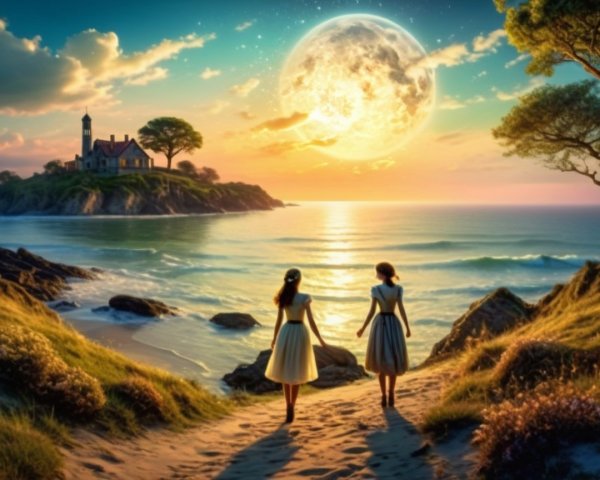 Women Walking on Beach at Sunset with Lighthouse