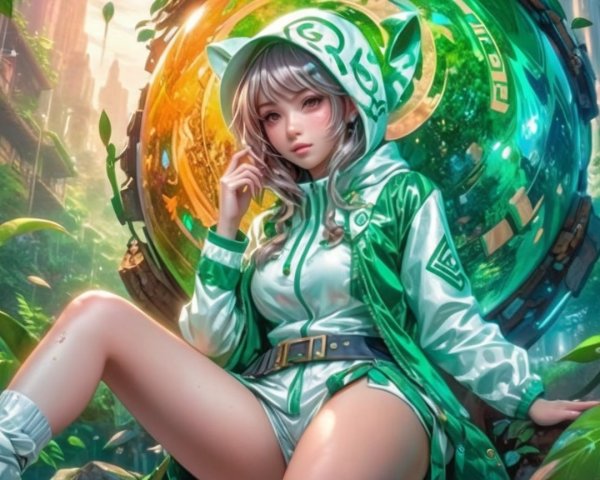 Futuristic character in green outfit in vibrant landscape
