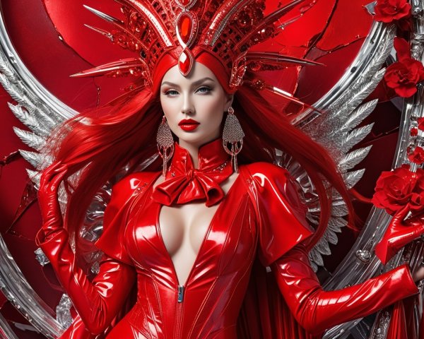 Regal figure in red attire with crown and wings