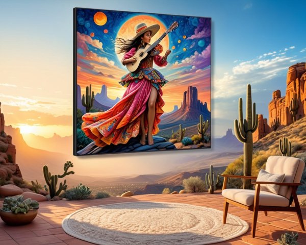 Vibrant mural of a woman playing guitar at sunset