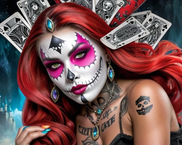 Vibrant Red-Haired Woman with Skull Makeup and Cards