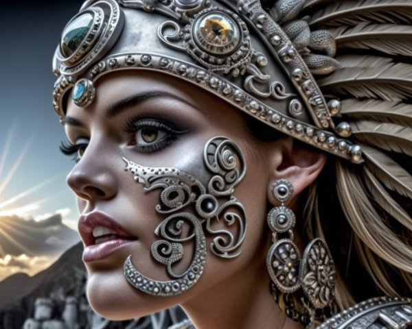 Portrait of a woman with silver jewelry and headdress