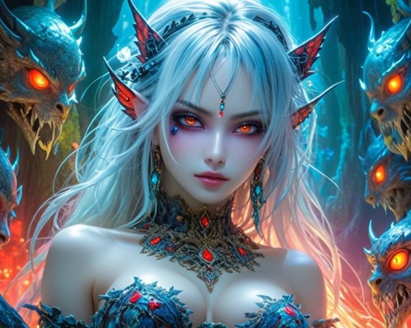 Fantasy Character with White Hair and Orange Eyes