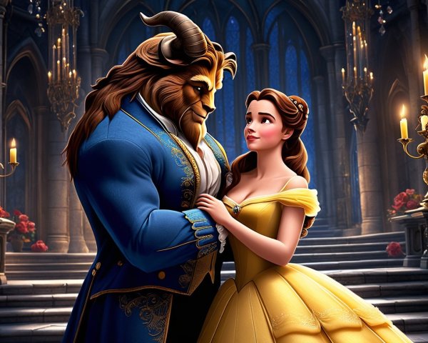 Candlelit Ballroom Scene with Belle and the Beast