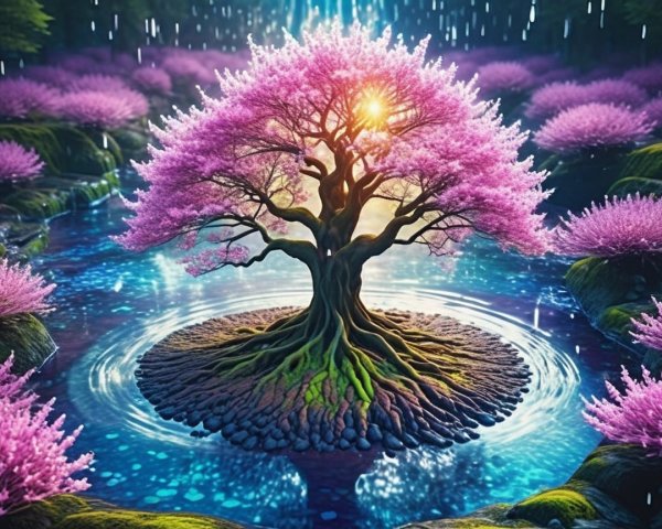 Cherry Blossom Tree by Tranquil Pond with Sunlight