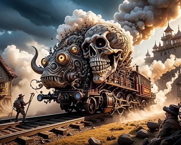 Fantastical Steam Locomotive with Eerie Elements and Cowboy