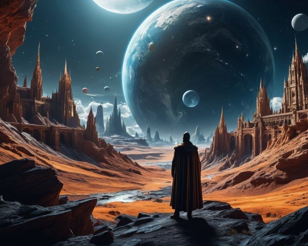 Lone Figure Overlooks Alien Landscape with Celestial Bodies