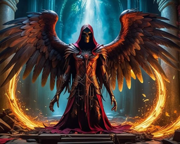 Mystical Figure with Fiery Wings in Enchanted Setting