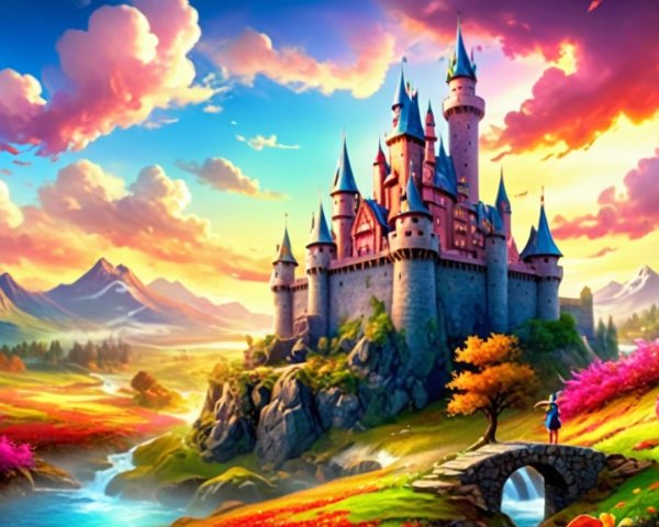 Majestic castle on a hill with vibrant landscape elements