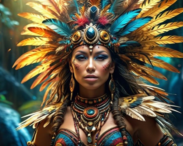 Vibrant Tribal Attire in a Mystical Forest Setting