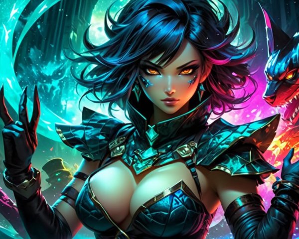 Fierce Female Warrior in Mystical Night Sky Setting