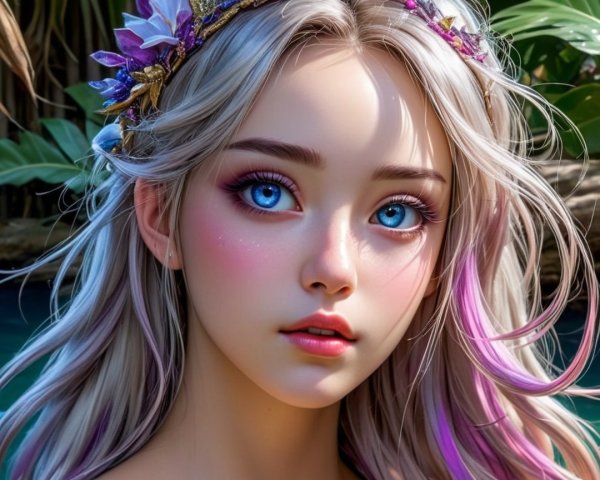 Blonde Girl with Floral Crown in Serene Nature Setting