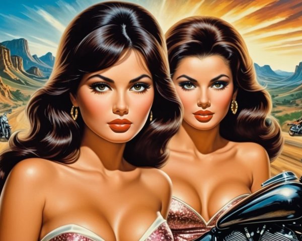 Glamorous Women in Desert Landscape with Motorcycles
