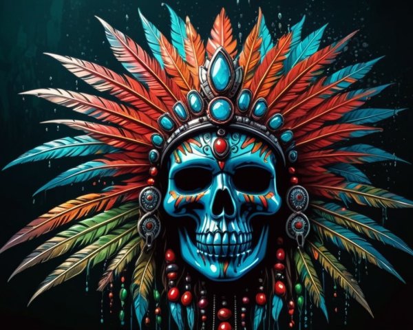 Intricately Designed Skull Headdress with Feathers and Jewels