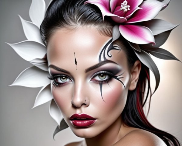 Beauty Portrait with Dramatic Makeup and Floral Accents