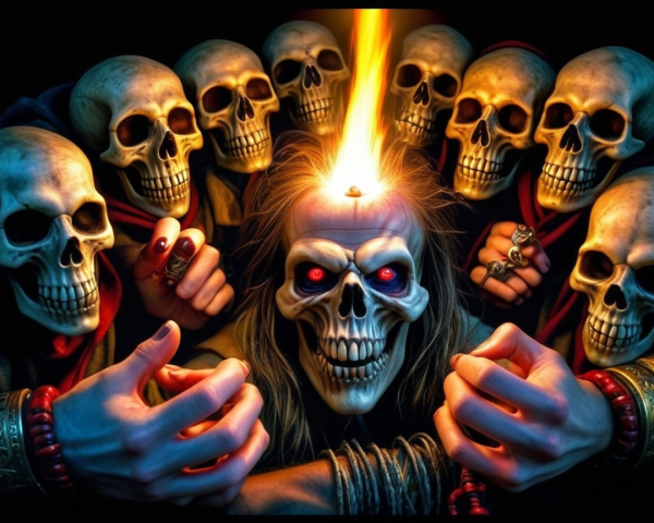 Skull with Red Eyes and Flames Surrounded by Skulls