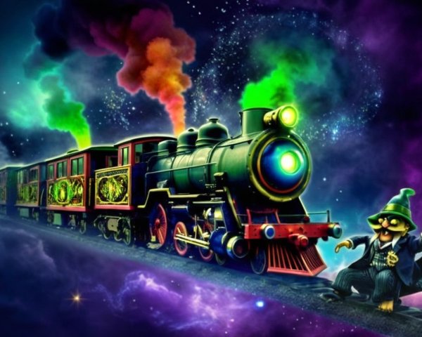Whimsical Steam Locomotive in a Cosmic Landscape