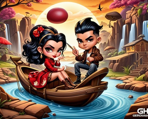 Vibrant Animated Scene of a Couple on a Serene River