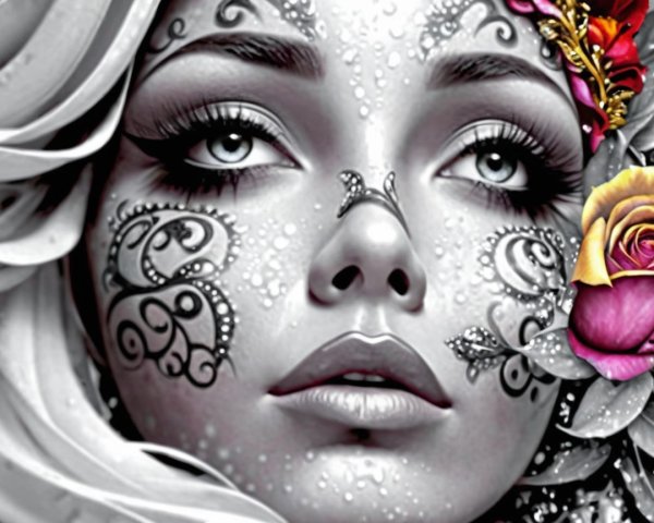 Close-up of a woman with black tattoos and flowers