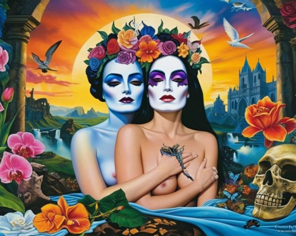 Women with Blue and White Skin in Colorful Landscape