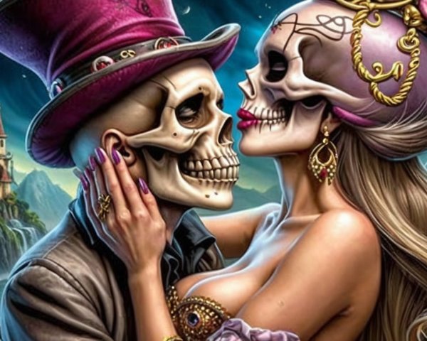 Skeleton Couple Kissing in a Colorful Fantasy Landscape