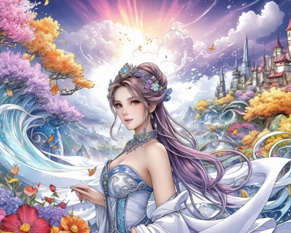 Serene Fantasy Landscape with Elegant Woman and Castles