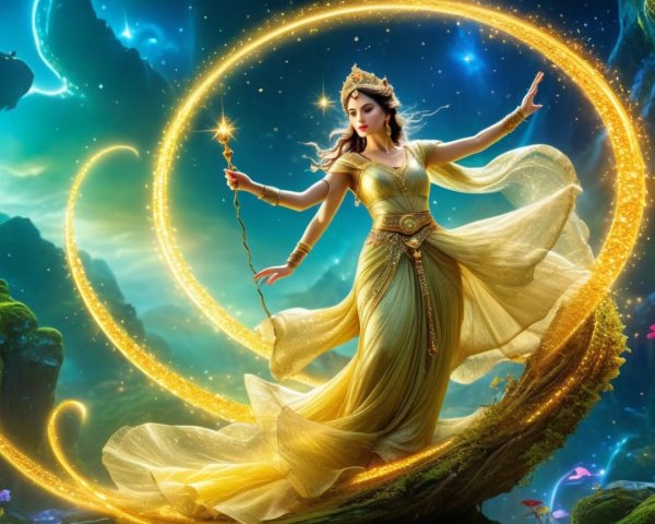Mystical Figure in Enchanting Golden Gown