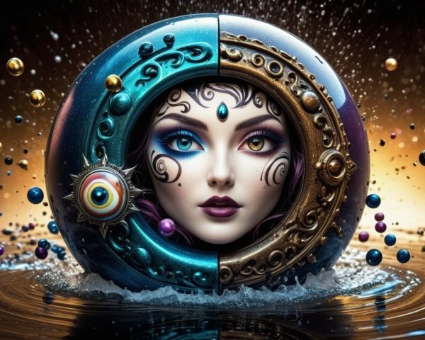 Surreal Scene with Dual-Toned Eyes and Floating Spheres