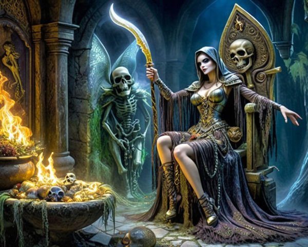 Mysterious Figure on Skull Throne in Eerie Chamber