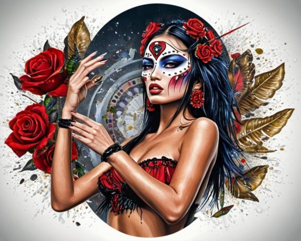 Portrait of a Woman with Face Paint and Roses