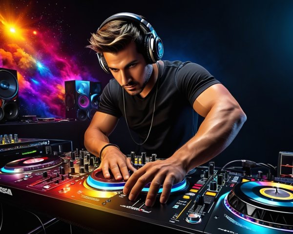 Male DJ Mixing Music in a Colorful Night Setting