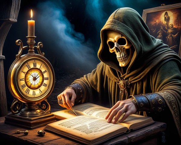 Cloaked Figure with Skull Mask in Dimly Lit Room