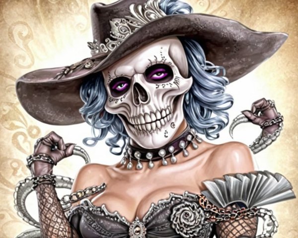 Stylized Character with Skull Face and Gothic Elegance