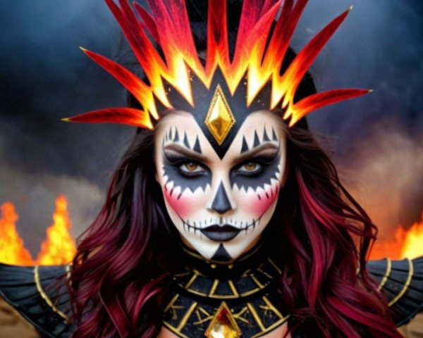 Captivating Figure in Fiery Flames with Skull Makeup