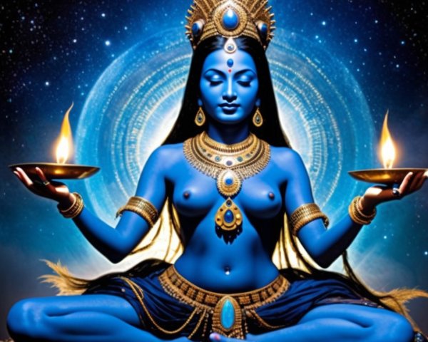 Goddess with Blue Skin and Oil Lamps in Cosmic Setting