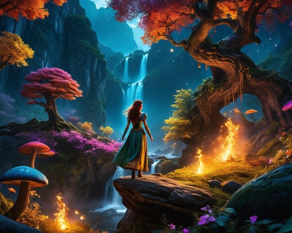 Mystical Landscape with Waterfall and Enchanting Flora