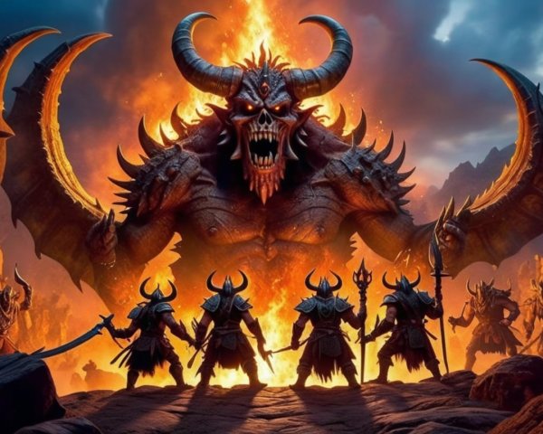 Dramatic Fantasy Scene with Demon and Armored Warriors