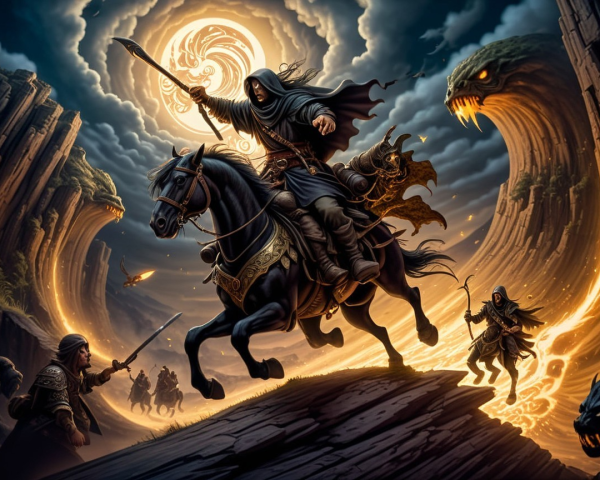 Hooded Figure on Horse with Serpent and Shadow Warriors