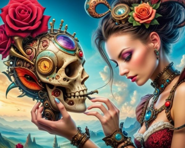 Woman in Vibrant Dress Holding Decorated Skull