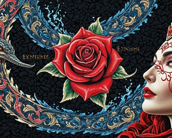 Bold Red Rose Design with Intricate Patterns and Faces
