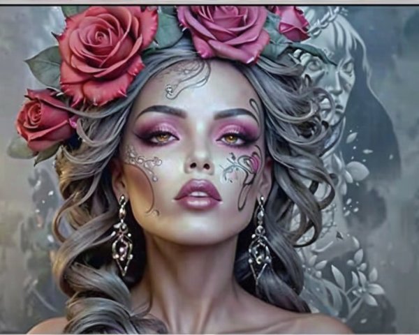 Woman with Gray Hair and Red Rose Crown