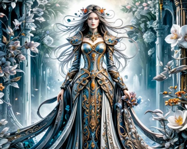 Majestic figure in mystical garden with floral gown