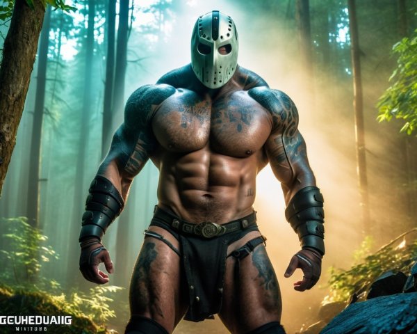 Muscular Figure in Misty Forest with Armor and Tattoos