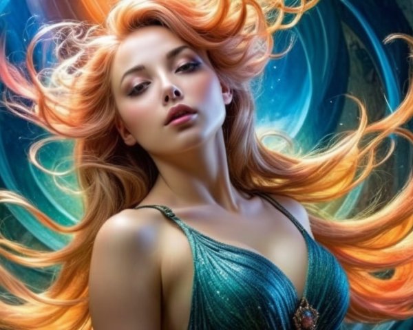 Vibrant Orange Hair and Teal Gown in Mystical Setting