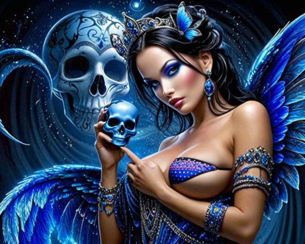 Mystical figure with blue skull in surreal backdrop