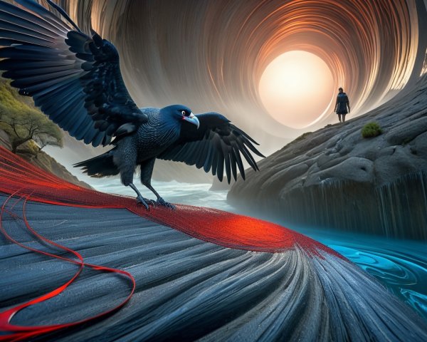 Majestic black bird on red ribbon in surreal landscape