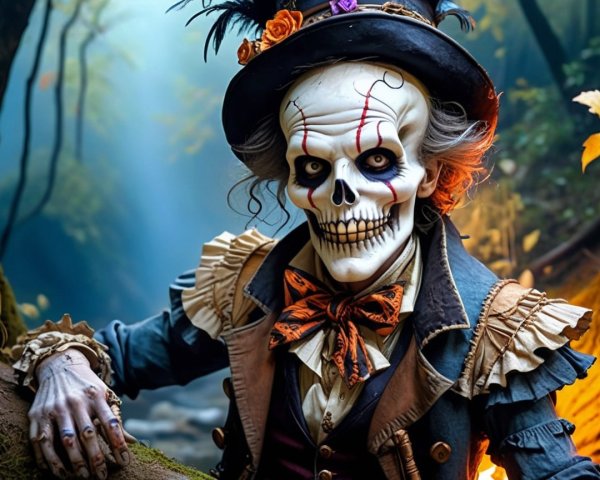 Skeletal Character in Misty Forest with Vintage Costume