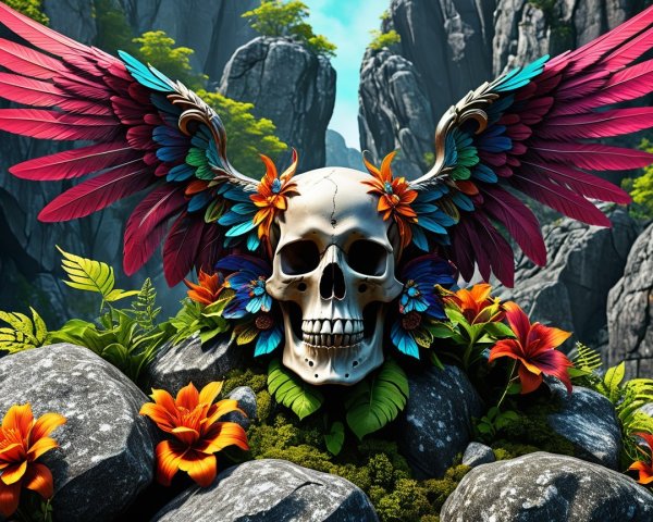 Stylized Skull with Colorful Wings Among Nature